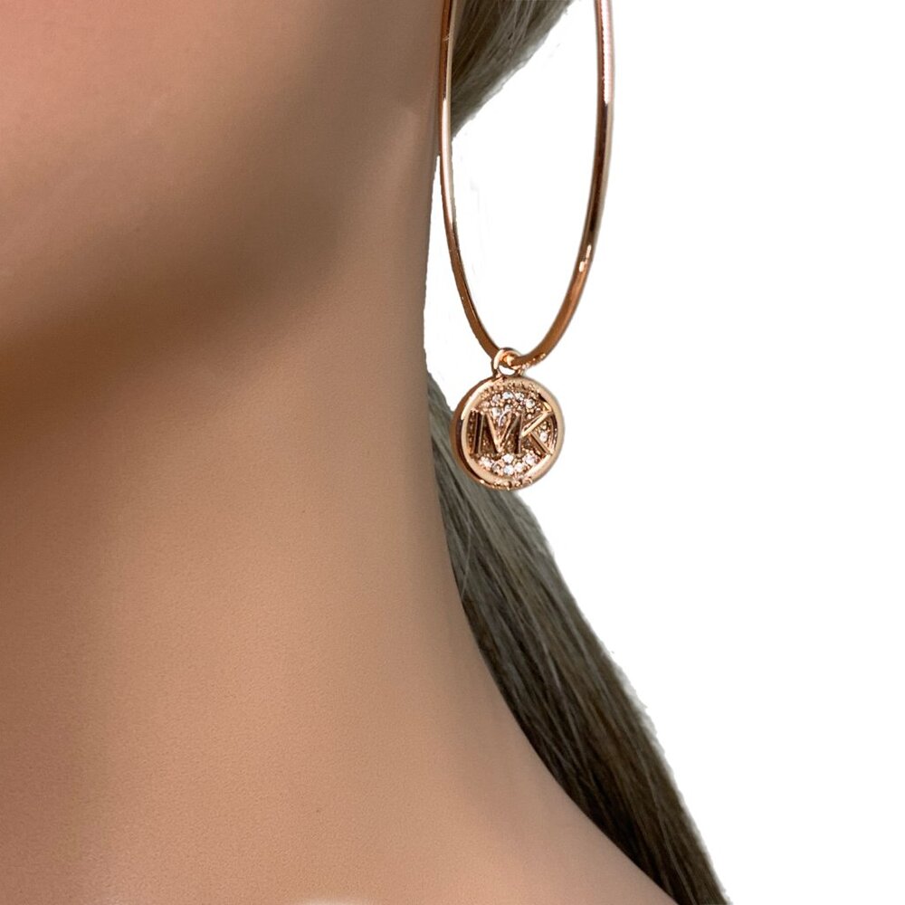 NEW! Michael Kors Charm Dangle Large Hoop Earrings Pave Crystals Rose Gold MK - Picture 6 of 15